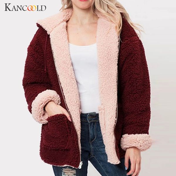

kancoold coats fashion solid faux fur hooded coats plush zipper pocket reversible loose new and jackets women 2019aug20, Black;brown