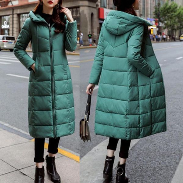 

women winter solid color hooded thickened warm slim thin long parka cotton coat, Black
