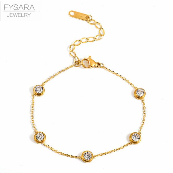 

fysara zirconia crystals charm bracelets for women wedding jewelry stainless steel chain bracelet rose gold color love gift, Golden;silver