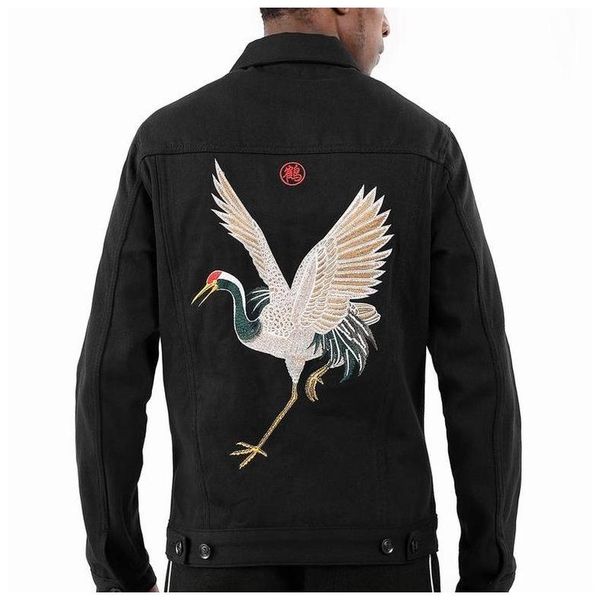 

new crane embroidered mens designer jackets solid casual denim jacket outwear coats fashion windbreaker hip hop plus size -5xl, Black;brown