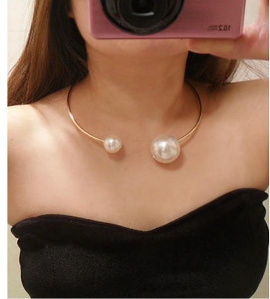 

double big pearl rose gold collar choker statement necklace 1pc, Silver