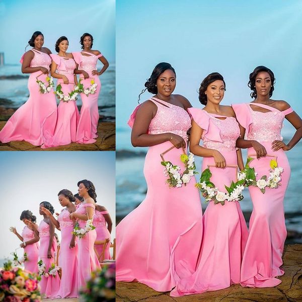 

plus size mermaid bridesmaid dresses 2019 one shoulder ruffles lace african pink prom dress formal evening gowns custom made, White;pink
