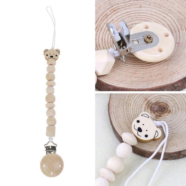 

baby dummy chain wood pacifier clip bear head bead dummy clip infant teether toy