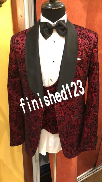 

novel design one button red pattern wedding groom tuxedos shawl lapel groomsmen men suits prom blazer (jacket+pants+vest+tie) no:2154, Black;gray