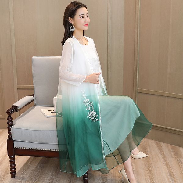 

2pcs set luxury dress spring and summer vintage embroidery flower party dress slim elegant organza silk office formal, Black;gray