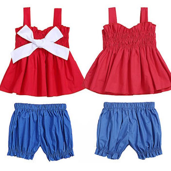 

baby sling two-piece set girl solid color bow sling short pants set american flag independence national day usa 4th july sleeveless, White