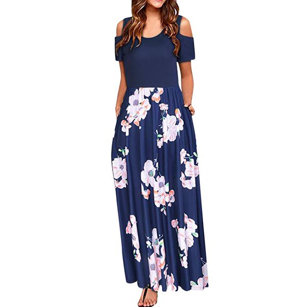 

women cold shoulder summer dress pocket floral print elegant maxi short sleeve casual dresses woman party night vestidos verano, Black;gray