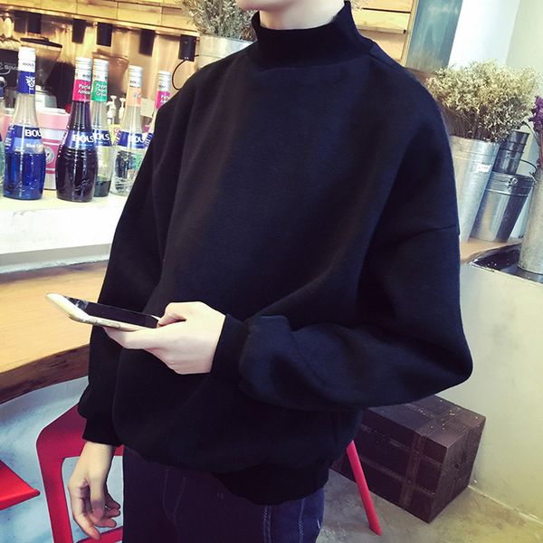 

autumn new high collar hoodies men fashion solid color casual warm pullover man streetwear hip hop loose sweatshirt male m-2xl, Black