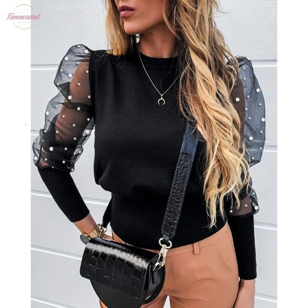 

t shirt spring and autumn womens puff sleeve short long sleeve pearl mesh puff sleeve fashion slim knit round, White