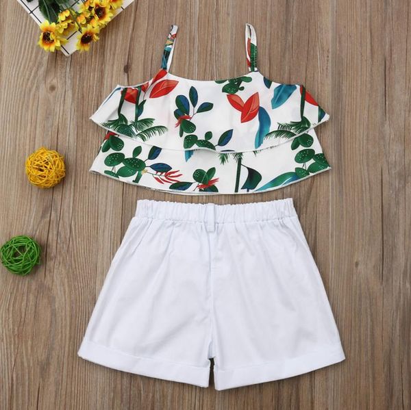 

summer kids baby girls off shoulder tiered leaves print vest solid shorts toddler clothing girl clothes sets 2pcs 1-6y, White