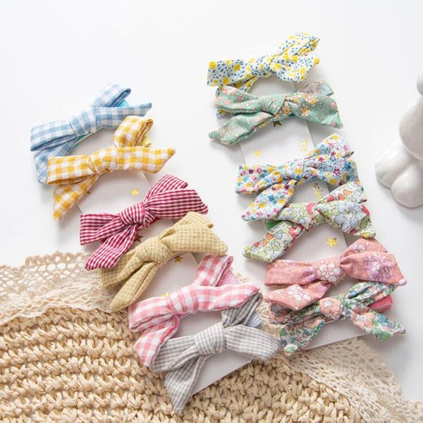 

hair accessories 4pcs flower print bows clips for girls solid color floral cotton plaid hairpins barrettes kids, Slivery;white