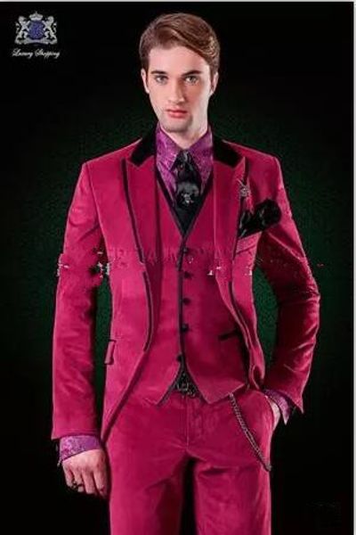 Nuovo Brand New One Button Hot Pink Velluto Sposo Smoking Dello Sposo Risvolto Groomsmen Uomo Abiti Prom Blazer (Jacket + Pants + Vest + Tie) 025