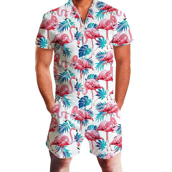 

laamei new flamingos floral print rompers men 3d funny short sleeve jumpsuit summer playsuit overalls casual one piece outfits, Gray
