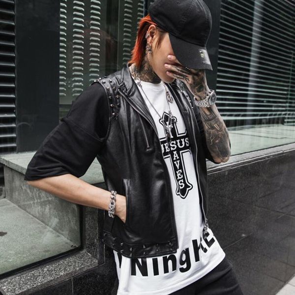 

nightclub dj singer rivet punk rock faux leather vest slim fit stage costume men harajuku hip hop leather sleeveless jacket, Black;white