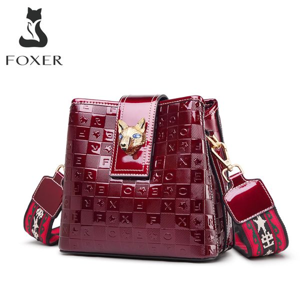 

foxer lrregular letter pattern bucket bag lady split leather & patent leather stylish messenger bag graffiti shoulder strap