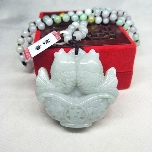 

zhe ru jewelry pure natural jadeite light green pisces pendant tricolor jade bead necklace gift class a national certificate, Silver