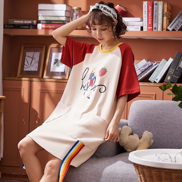 

summer nightdress female short sleeve cartoon cute teenage student casual home service, Black;red