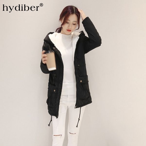 

2016 winter long coat women jacket flocking parkas hooded cotton padded adjustable waist warm wadded outerwear overcoat, Black