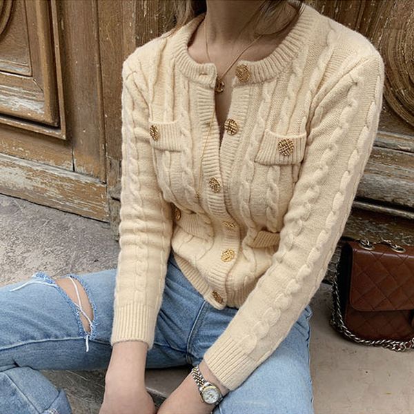 

2019 women autumn long sleeve knitted cardigan vintage buttons knit sweater casual crewneck solid female sweaters jumper pockets