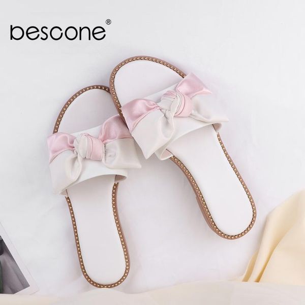 

bescone new slippers women elegant metal edging genuine leather butterfly knot summer flat slippers casual women's sandals cz009, Black