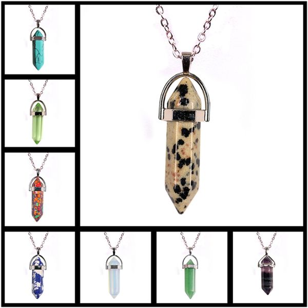 

mix natural stone quartz bullet necklace hexagonal prism point healing opal turquoise tiger eye pendant chains for women jewelry in bulk, Silver