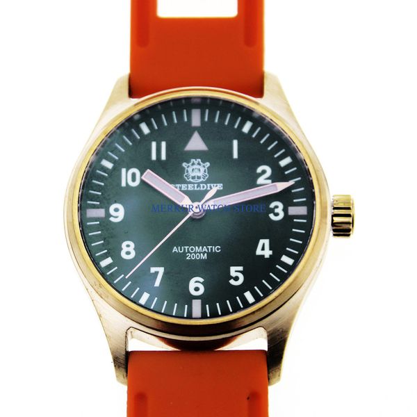 

mens nh35 automatic pure bronze diver steel dive watch 200m flieger super luminova b-uhr pilot watch, Slivery;brown