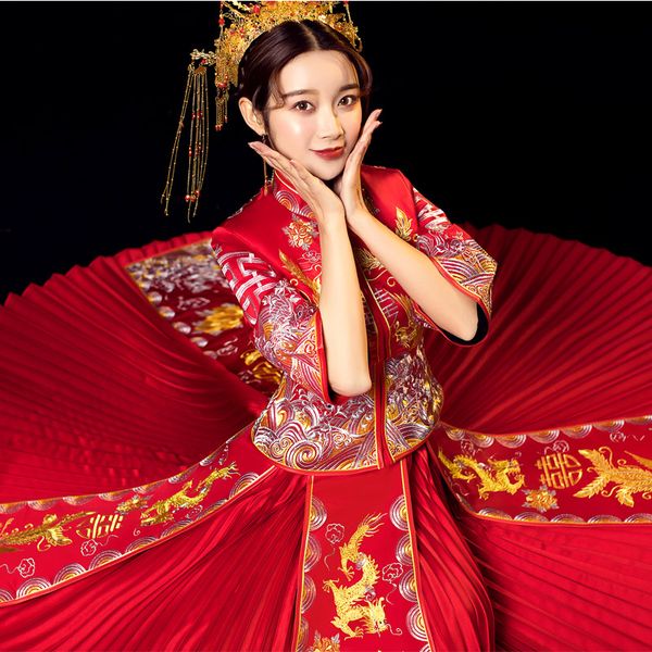 

2019 new vintage bride wedding dress chinese women cheongsam suzhou embroidery dragon clothing elegant qipao pleated dress, Red