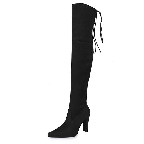 

lady pointed flock thick heels stretch fabric over the knee boots shoes women long spring lace up bandage motorcycle boot shoes, Black