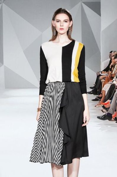 

european women's early autumn skirt fashion temperament was thin knit two-piece suit, Black;gray