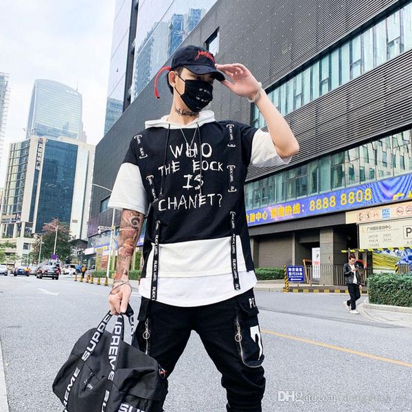 

letter print hip hop t shirt men block ribbons hooded men's tees tshirts short sleeve t shirt casual high street streetwear, White;black