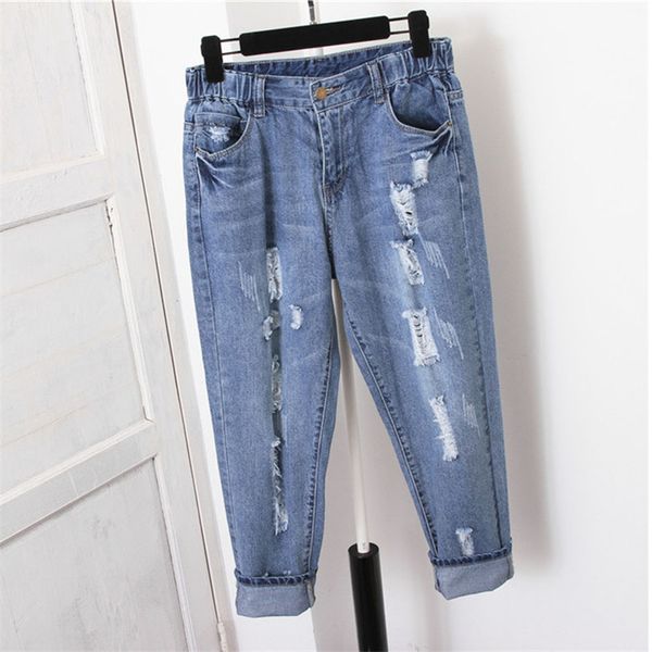 

plus size 5xl holes boyfriend ripped jeans for women summer high waist jeans woman harem pants vintage denim femme c5272, Blue