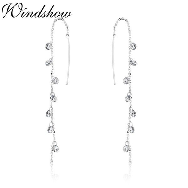 

925 sterling silver chains link round cz beads tassel drop long earrings for women girls jewelry orecchini aros aretes oorbellen, Golden