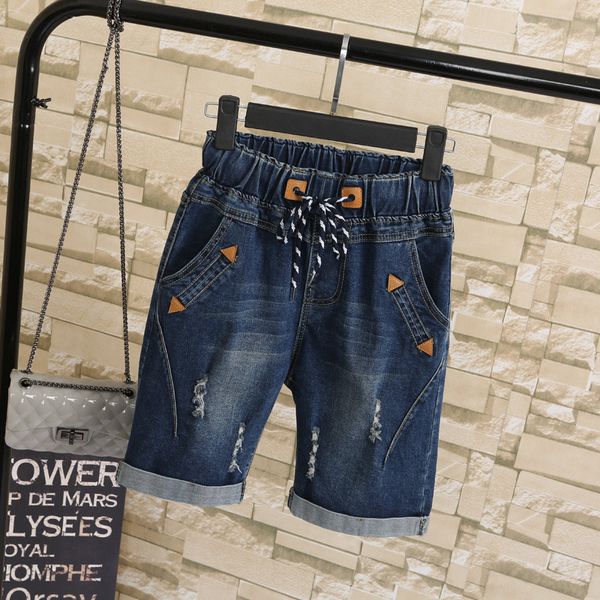 

новый плюс размер 4xl 5xl лето рваные джинсы короткие брюки женщины повседневная зашнуровать капри дамы широкие ноги джинсовые джинсы шарова, Blue