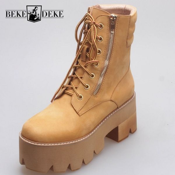 

harajuku new thick bottom spring autumn womens booties round toe genuine leather front lace up zip british nubuck ankle boots t191101, Black