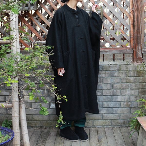 

johnature women wool coat vintage 2019 winter new bat sleeve button black plus size women clothes loose wool coats