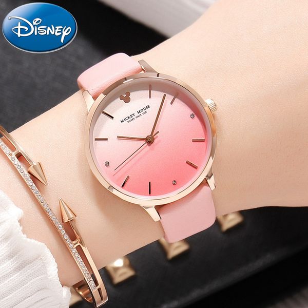 

original women's color gradient design leather strap quartz water resistant watch girls gold case pink band buckle clocks, Slivery;brown