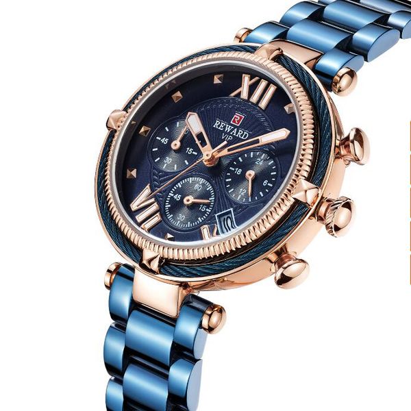 

new ladies watch fashion three eyes six needles with calendar steel belt alloy quartz sports ladies watch, Slivery;brown