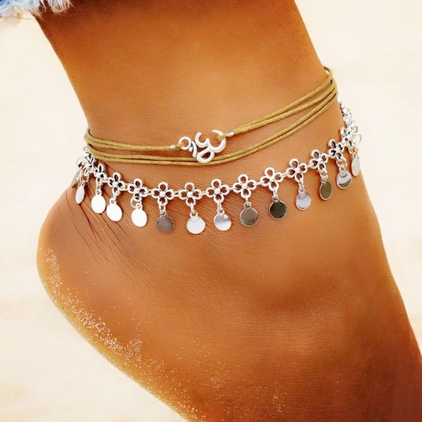 

kisswife 3 pcs/ set anklet fashion handmade round pendant multi-layer beach anklet silver anklets female jewelry gift, Red;blue