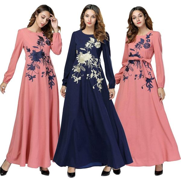 

womens muslim dress swing floral embroidery loose abaya long maxi gown casual fashion kaftan dubai islamic dress a-line belt new, Red