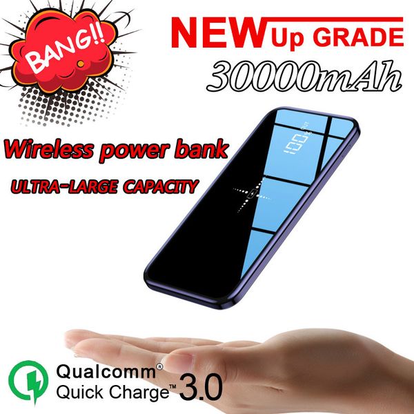 

30000mah qi wireless mobile power portable built-in wireless charger ultra-thin mobile power full screen mirror external battery