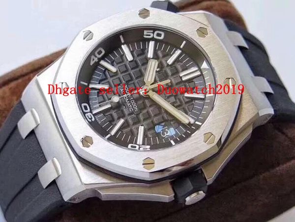 

men's 42mm eta cal.3120 date watch men royal black dial 15710 rubber waterproof diver miyota offshore diver sport wristwatch, Slivery;brown