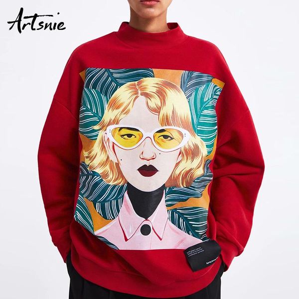 

artsnie streetwear cartoon turtleneck red women sweatshirt spring 2019 knitted pullover oversized hoodie character sweatshirts, Black