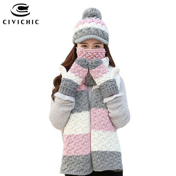 

civichic korean style warm set lady crochet winter scarf hat glove mask 4 pcs cute pompon cap thicken mittens stripe shawl sh188, Blue;gray