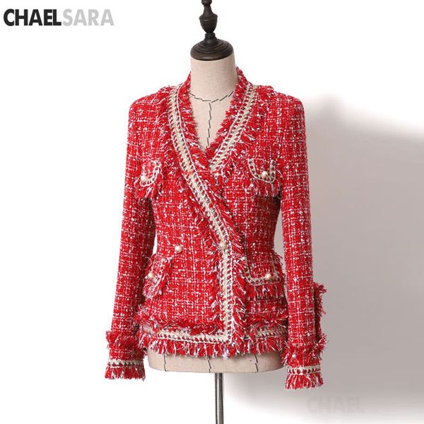 

2019 new autumn winter wool jacket women red tweed jacket elegant v neck tassel wool blend coat, Black;brown