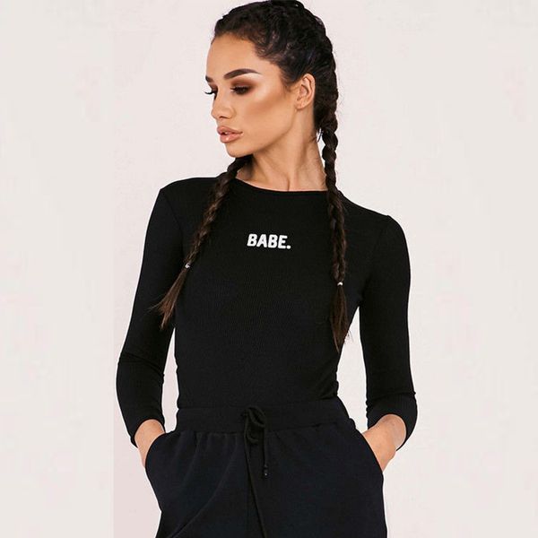

cotton long sleeve o neck skinny letter printed bodysuit 2018 autumn winter women black white silm body suit