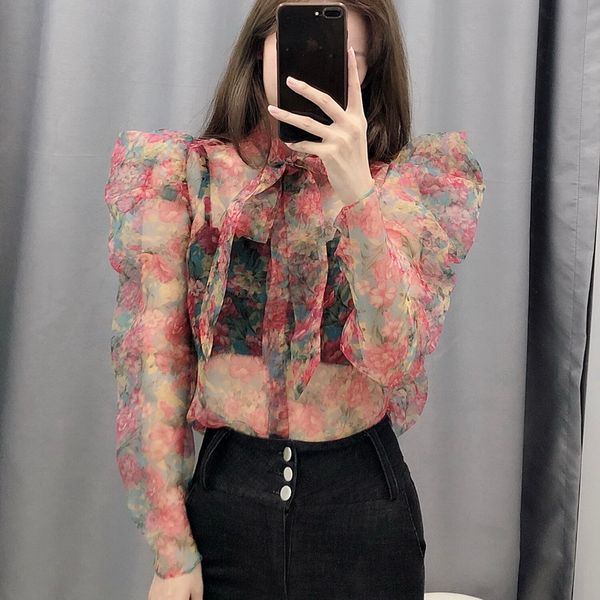 

women's blouses & shirts women blouse summer 2021 fashion transparent organza floral prints bow collar modern lady see through ruffle, White