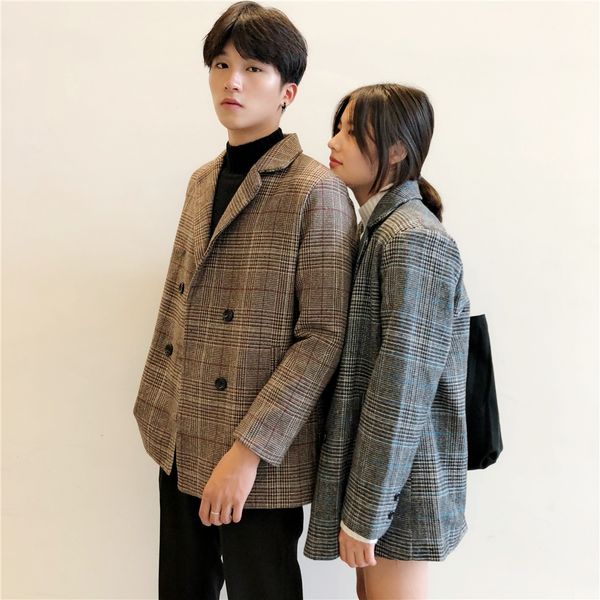 

2019 men's thickening lattice printing heavy woolen blends cloth suit jackets lovers loose cashmere long coats wool trench coat, Black