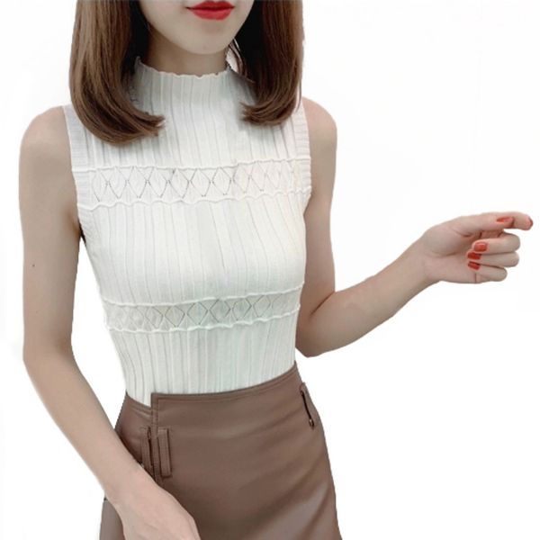 

2020 women summer vest korean style knitted half-high collar tank bodycon slim sleeveless blouse shirt sling, White