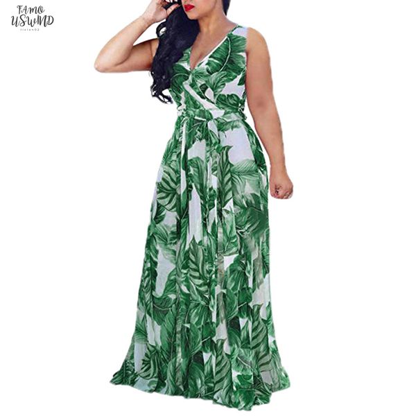 

2020 summer plus size v neck women sleeveless casual summer bohemian belt split long maxi party dress female beach sundress boho 40, Black;gray