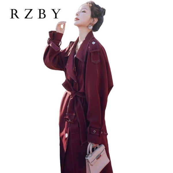 

rzby 2020 autumn new loose temperament popular british style long women's trench coat fashion women's windbreaker coat, Tan;black